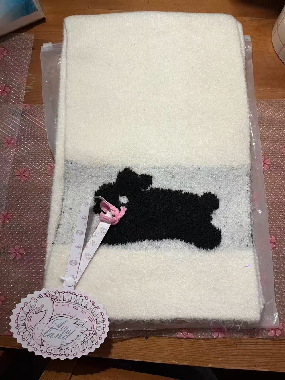 Cozy White Plush Scarf with Black rabbit Silhouette